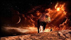 Majestic Lion and Cub on Rocky Outcrop Under Dramatic Fiery Sky HD wallpaper