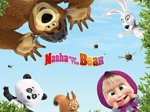 Masha and the Bear Animated Characters with Panda, Rabbit, and Squirrel in a Sunny Forest Scene HD wallpaper
