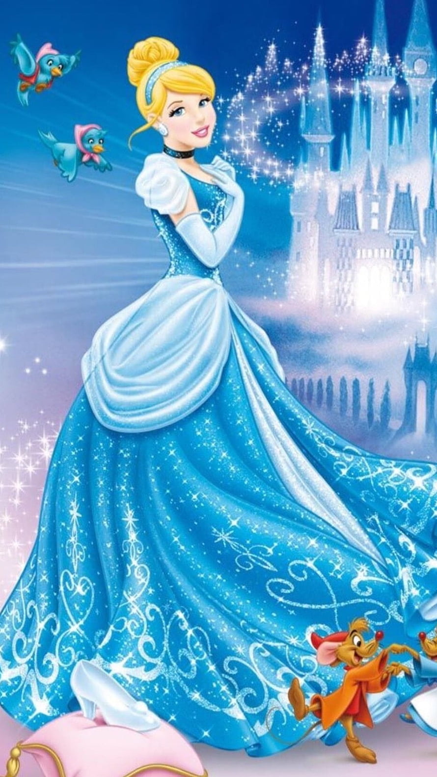 Cinderella in Blue Ballgown with Castle and Birds HD phone wallpaper