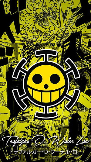 Trafalgar D. Water Law Jolly Roger Emblem with One Piece Manga Collage Background HD phone wallpaper