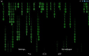 Green Binary Code Rain on Black Background with Android Interface Elements HD wallpaper