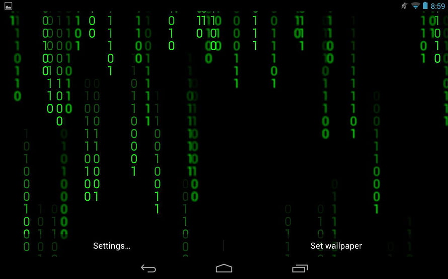 Green Binary Code Rain on Black Background with Android Interface Elements HD wallpaper
