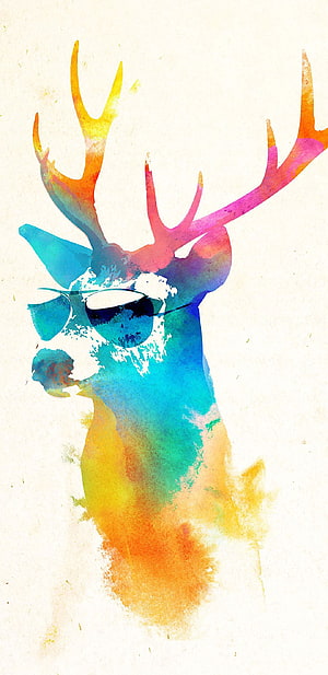 Vibrant Watercolor Stag Portrait with Sunglasses and Rainbow Antlers HD phone wallpaper
