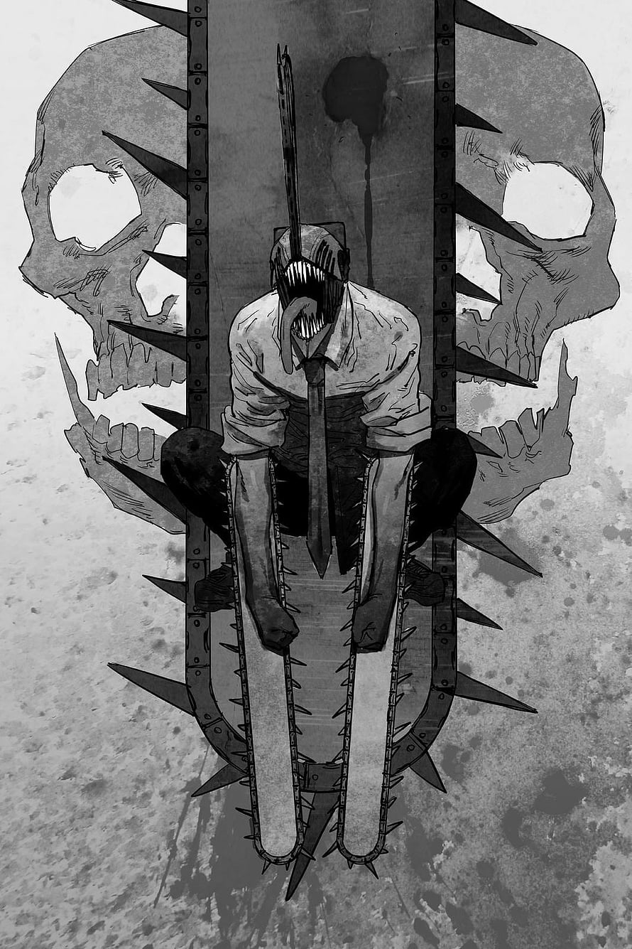 Chainsaw Man Denji Sitting on Spiked Cross with Skull Background HD phone wallpaper