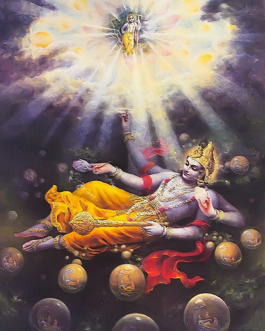 Krishna Reclining on Cosmic Spheres with Divine Light and Vishnu Above HD phone wallpaper