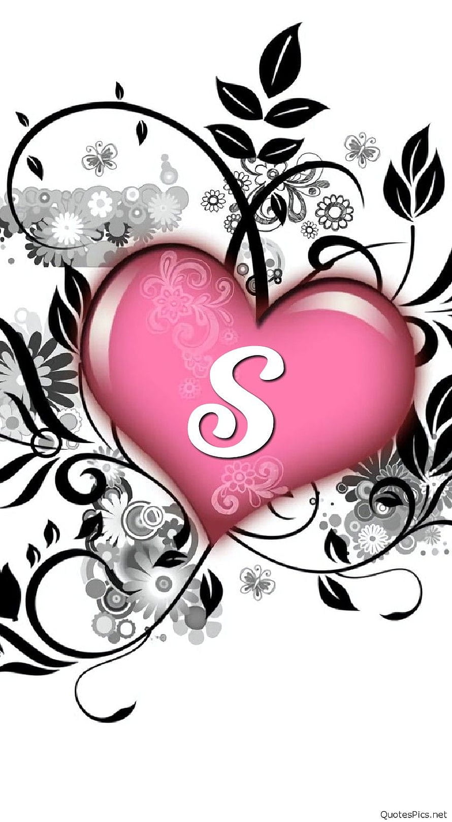 Pink Heart With Letter S Surrounded By Black Floral Vines And Grey Blooms HD phone wallpaper