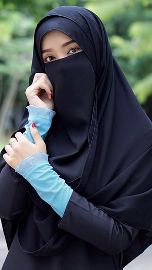 Woman in Black Niqab and Hijab with Light Blue Sleeves in a Natural Outdoor Setting, Muslim Girl, Gurkha, Girl HD phone wallpaper