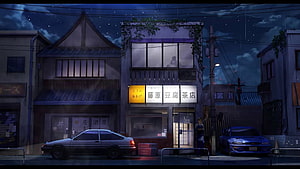 Initial D Fujiwara Tofu Shop Night Scene with AE86 and RX-7 HD wallpaper