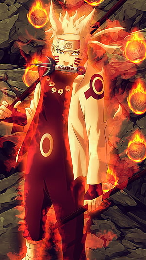 Naruto Uzumaki in Sage Mode with Fireballs and Kunai in Mouth HD phone wallpaper