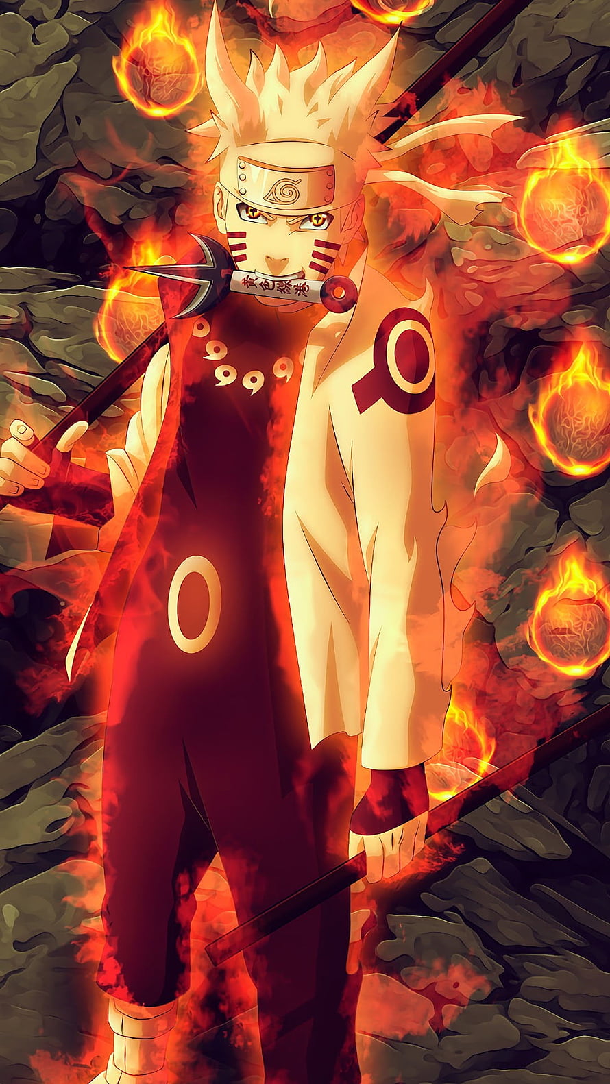 Naruto Uzumaki in Sage Mode with Fireballs and Kunai in Mouth HD phone wallpaper