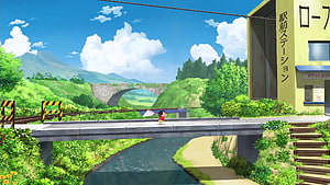 Crayon Shin-chan anime scene of a small station platform beside a river with a stone bridge and green hills HD wallpaper
