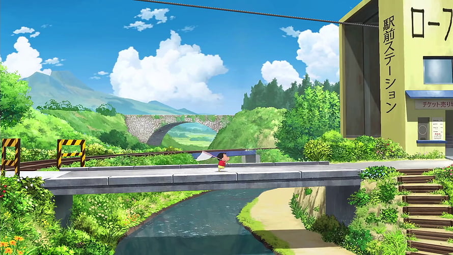 Crayon Shin-chan anime scene of a small station platform beside a river with a stone bridge and green hills HD wallpaper