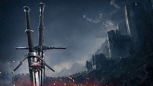The Witcher 3 Wild Hunt Dual Swords Planted in Rainy Battlefield with Castle Ruins HD wallpaper