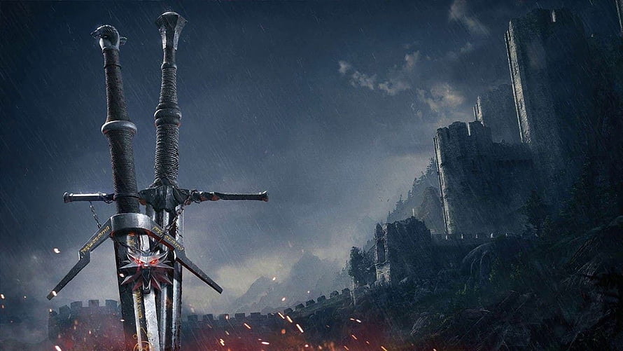 The Witcher 3 Wild Hunt Dual Swords Planted in Rainy Battlefield with Castle Ruins HD wallpaper