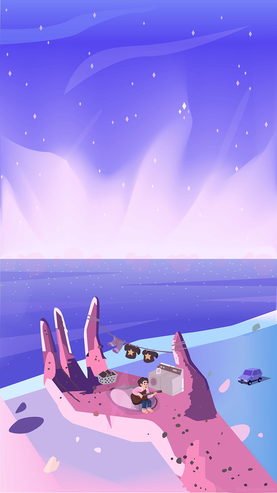 Steven Universe Beach Scene with Guitar Player and Giant Hand Illustration HD phone wallpaper