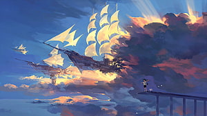 Treasure Planet Airship Sailing Through Dramatic Sunset Clouds HD wallpaper