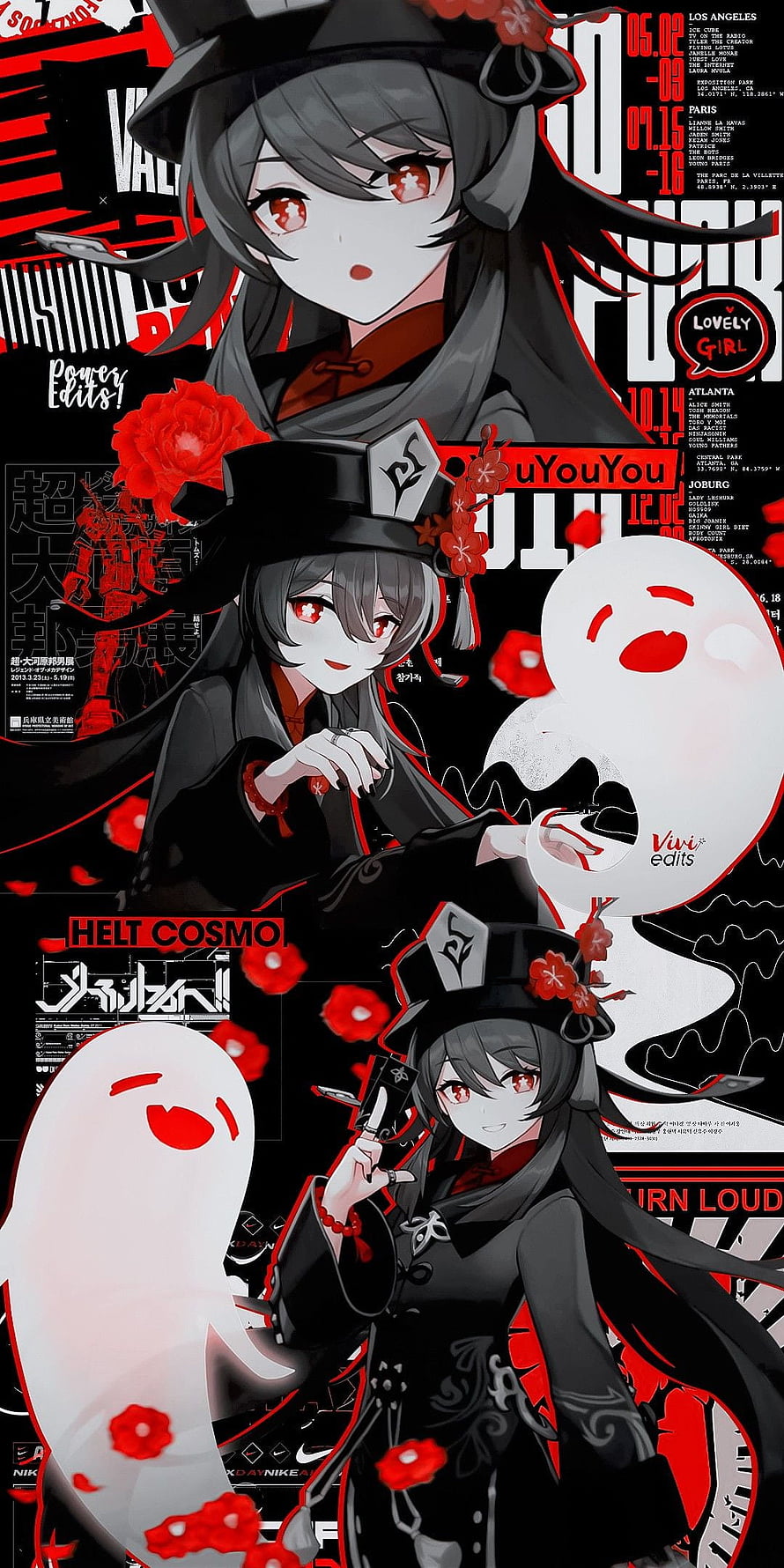 Hu Tao Genshin Impact Anime Character Wallpaper with Red Flowers and Ghosts HD phone wallpaper