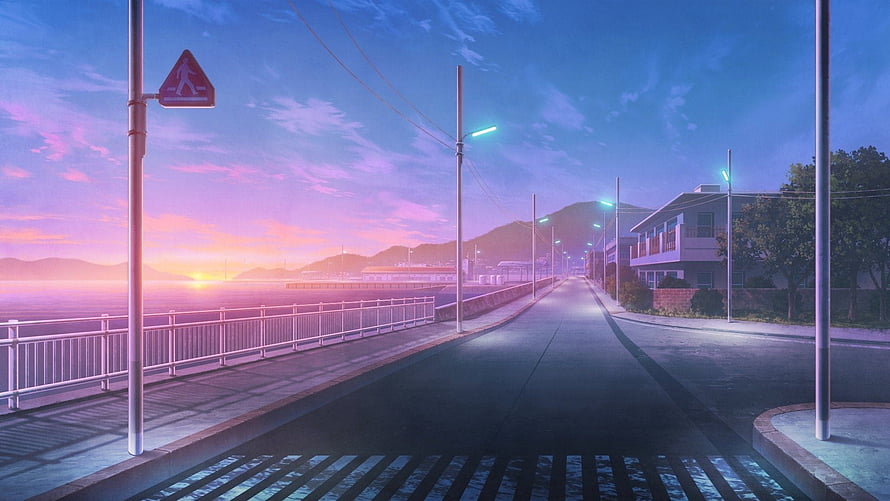 Anime Coastal Road at Dusk with Neon Streetlights and Ocean Sunset HD wallpaper