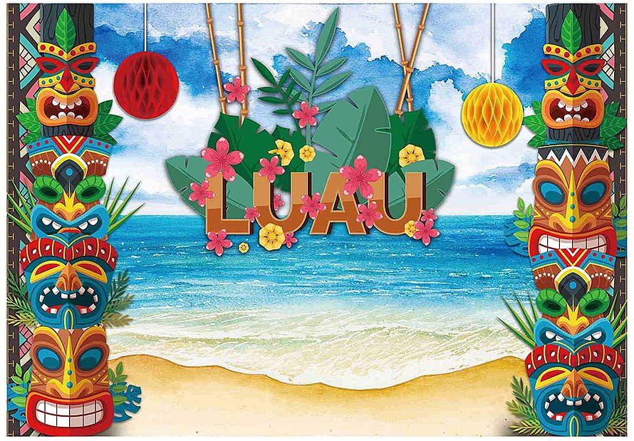 Colorful Luau Party Backdrop with Tiki Totems and Tropical Beach Scene HD wallpaper