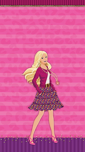 Barbie Doll in Floral Skirt and Cardigan on Pink Leopard Pattern Background HD phone wallpaper