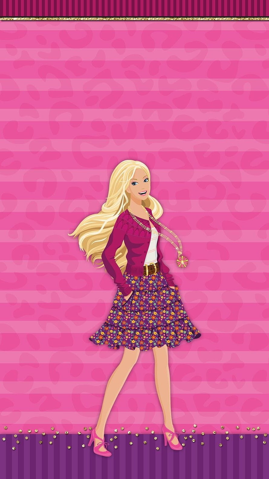 Barbie Doll in Floral Skirt and Cardigan on Pink Leopard Pattern Background HD phone wallpaper