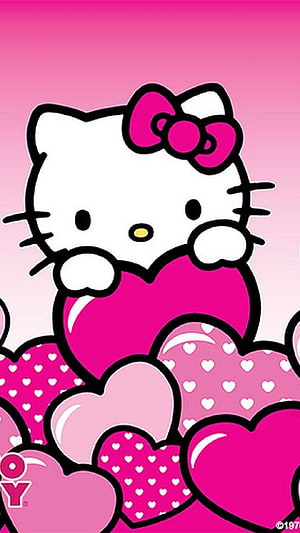 Hello Kitty Peeking Over a Pile of Pink Hearts with a Bow on a Gradient Background HD phone wallpaper