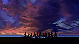 Attack on Titan Silhouettes Standing Against Dramatic Purple and Orange Sky HD wallpaper