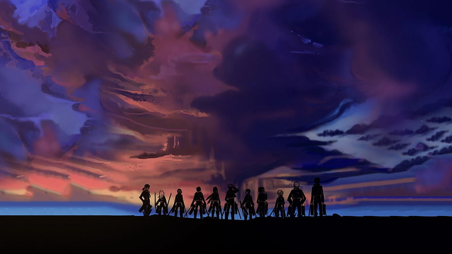 Attack on Titan Silhouettes Standing Against Dramatic Purple and Orange Sky HD wallpaper