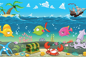 Colorful Cartoon Underwater Scene With Treasure Chest, Crab, Fish, and Pirate Ship HD wallpaper