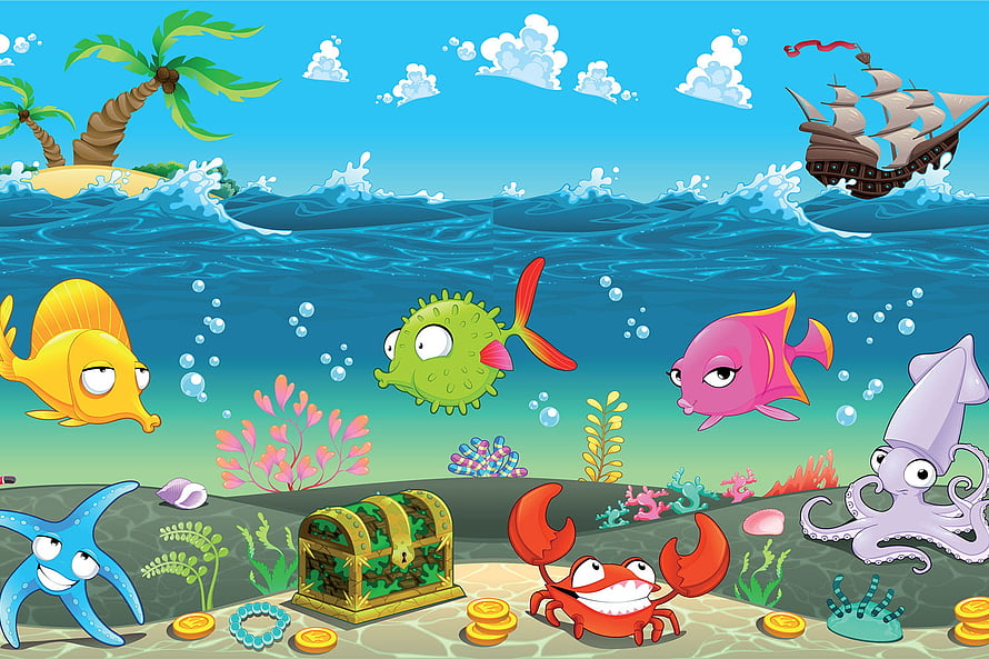 Colorful Cartoon Underwater Scene With Treasure Chest, Crab, Fish, and Pirate Ship HD wallpaper