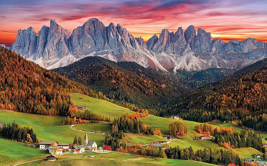Val di Funes Village and Dolomites Peaks at Sunset in South Tyrol, Italy HD wallpaper