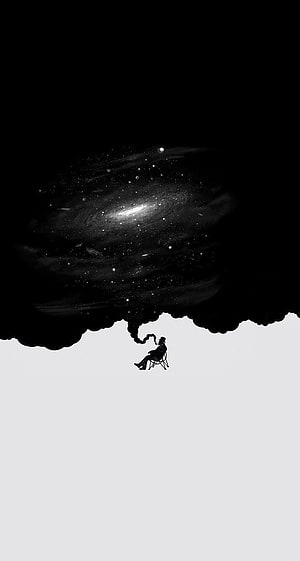 Surreal Black and White Illustration of a Silhouette Seated Beneath a Cosmic Galaxy Cloud HD phone wallpaper