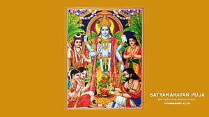 Satyanarayan Puja Illustration of Lord Vishnu with Devotees and Offerings HD wallpaper