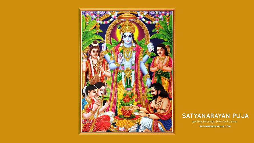 Satyanarayan Puja Illustration of Lord Vishnu with Devotees and Offerings HD wallpaper