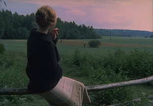 Woman in Black Sweater Gazing at Pastoral Landscape at Dusk in Tarkovsky's Mirror HD wallpaper