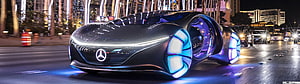 Mercedes-Benz Vision AVTR Concept Car Driving Through Neon-Lit City Streets at Night HD wallpaper
