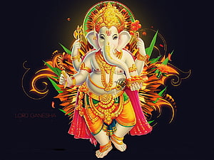 Lord Ganesha Digital Art with Golden Ornaments and Marigold Flowers on Dark Background HD wallpaper