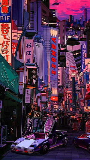 Cyberpunk Japanese Cityscape with Neon Signs and Retro Sports Car HD phone wallpaper