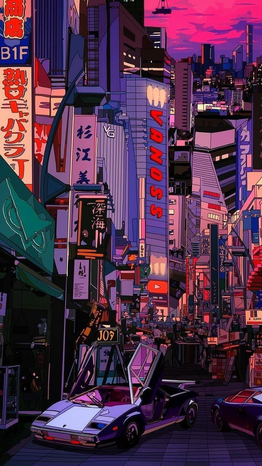 Cyberpunk Japanese Cityscape with Neon Signs and Retro Sports Car HD phone wallpaper