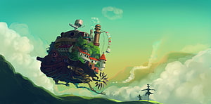 Howl's Moving Castle Stepping Through Clouds in Studio Ghibli Fantasy Art HD wallpaper
