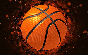 Vibrant Orange Basketball with Fiery Particle Explosion on Dark Background HD wallpaper