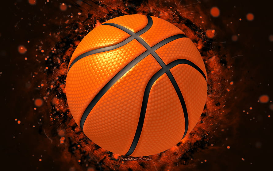 Vibrant Orange Basketball with Fiery Particle Explosion on Dark Background HD wallpaper