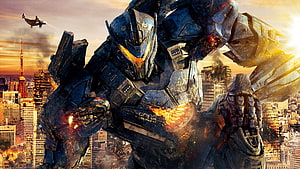 Gipsy Avenger Jaeger from Pacific Rim Uprising Standing Over a Burning City HD wallpaper
