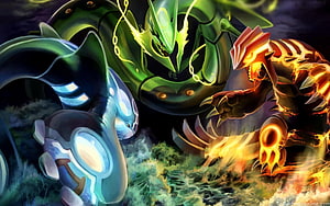 Mega Rayquaza, Primal Kyogre, and Primal Groudon Legendary Pokemon Battle Scene HD wallpaper