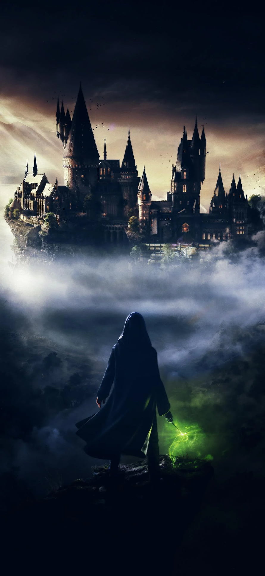 Hogwarts Legacy Dark Wizard Silhouette with Green Magic Before the Castle HD phone wallpaper
