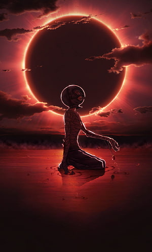 Griffith kneeling in a crimson eclipse landscape from the Berserk anime HD phone wallpaper