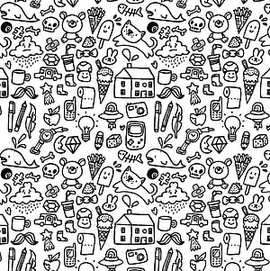 Mr Doodle Black and White Seamless Pattern with Whimsical Objects and Characters HD phone wallpaper