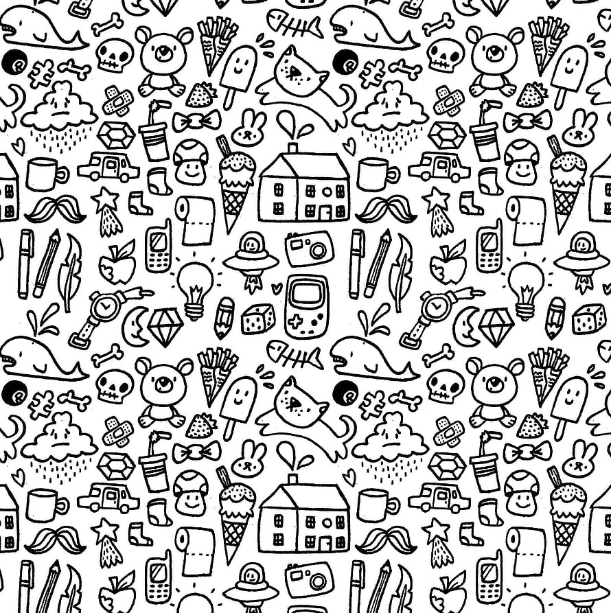 Mr Doodle Black and White Seamless Pattern with Whimsical Objects and Characters HD phone wallpaper