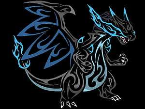 Stylized Charizard X Tribal Tattoo Design with Blue Flame Accents on Black Background HD wallpaper