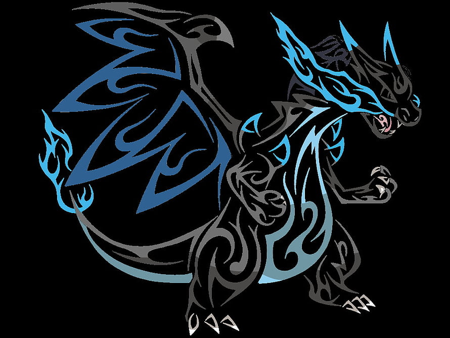 Stylized Charizard X Tribal Tattoo Design with Blue Flame Accents on Black Background HD wallpaper
